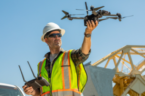 Construction worker using a drone